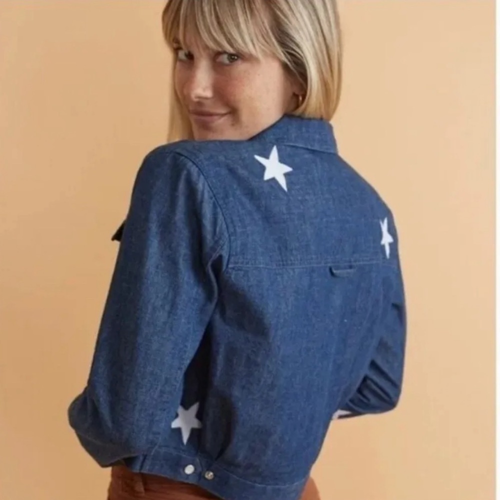 Marine Layer Embroidered Cropped Jacket in Medium Indigo Stars Blue White